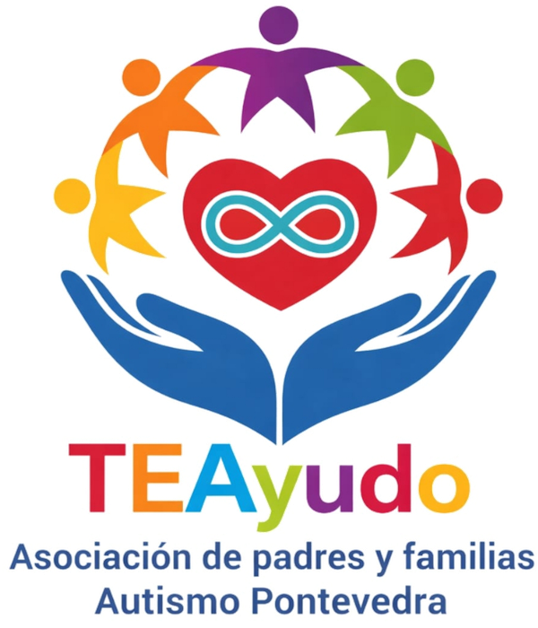 Logotipo de TEAyudo, asociación de padres y familias de Autismo Pontevedra: un corazón con el símbolo del infinito, sostenido por dos manos y rodeado de figuras de colores